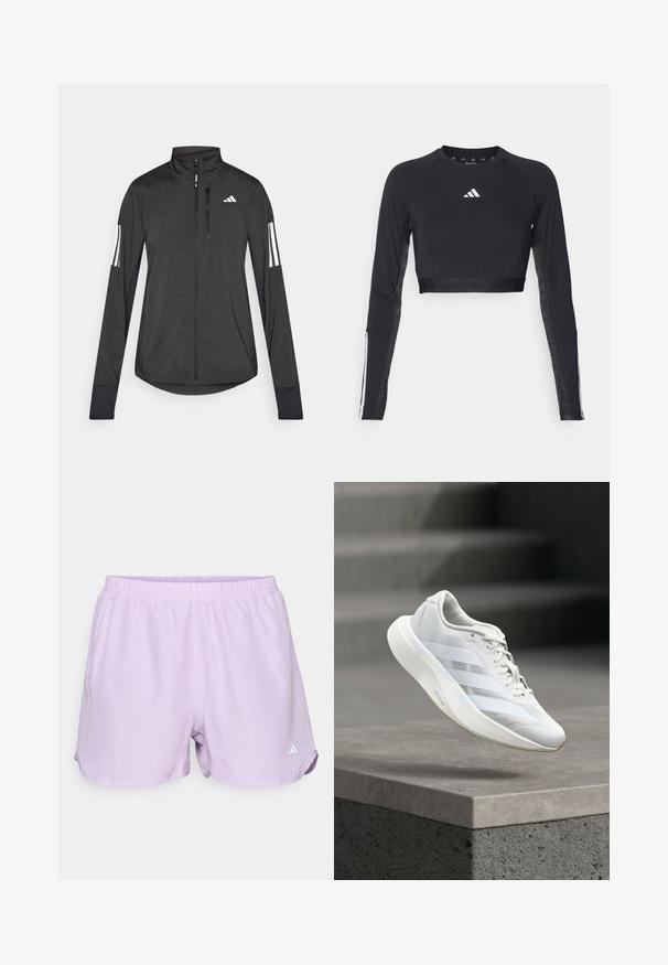 Sort atletisk jakke lavet af let materiale. Har en frontlynlås, høj krave og tre hvide striber på hver ærme.; Sort cropped træningstop med lange ærmer lavet af glat stof. Har et hvidt logo på brystet og stribede detaljer på ærmerne.; Lavendel sportshorts med elastisk talje, fugtabsorberende materiale og et lille hvidt logo nederst til højre.; Hvid atletiksko med en struktureret overlæder, tre laterale striber, polstret sål og rundet tå, placeret over en betongulv.