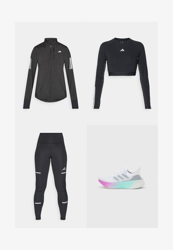 Sort atletisk jakke lavet af let materiale. Har en frontlynlås, høj krave og tre hvide striber på hver ærme.; Sort cropped træningstop med lange ærmer lavet af glat stof. Har et hvidt logo på brystet og stribede detaljer på ærmerne.; Sorte leggings med høj talje, lavet af glat materiale. Har hvide reflekterende striber nær knæene og et Adidas-logo.; Hvid Adidas løbesko med grå striber og en tyk sål, der går fra pink til grøn, med teksten "Lightboost" og "Ultraboost".