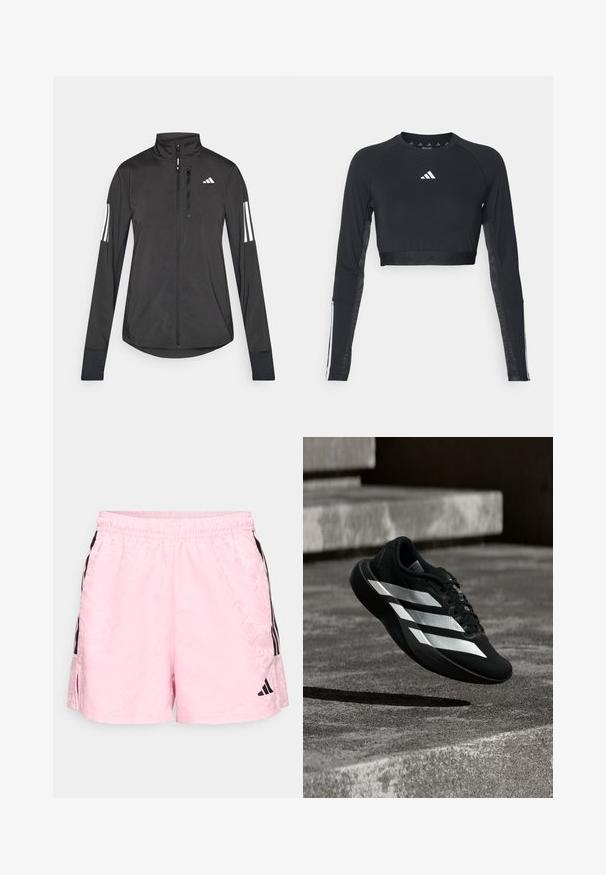 Zwarte sportjack gemaakt van lichtgewicht materiaal. Voorzien van een ritssluiting aan de voorkant, hoge kraag en drie witte strepen op elke mouw.; Zwart geknipt langemouwen workout top van gladde stof. Bevat een wit logo op de borst en gestreepte accenten op de mouwen.; adidas Sportswear TIRO - Korte broeken - true pink/black; Zwarte hardloopschoen met drie witte strepen in de lucht boven betonnen traptreden, die eronder een schaduw werpt.