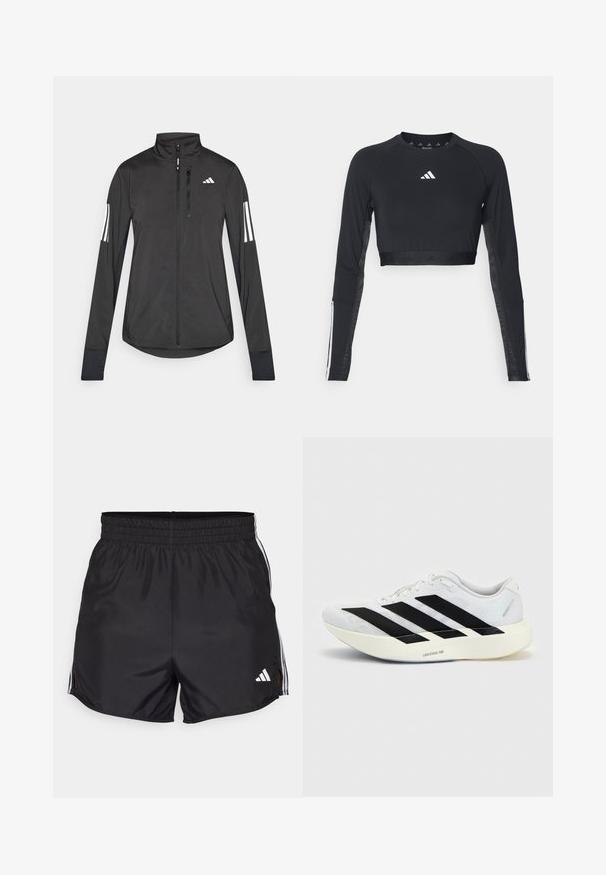 Sort atletisk jakke lavet af let materiale. Har en frontlynlås, høj krave og tre hvide striber på hver ærme.; Sort cropped træningstop med lange ærmer lavet af glat stof. Har et hvidt logo på brystet og stribede detaljer på ærmerne.; Sort atletiske shorts med elastisk talje, sideslids og hvide tre-stribes detaljer. Har et lille hvidt logo nederst til højre.; Hvid løbesko med sort tre-stribet design på siden og tyk hvid sål mærket "Lightstrike Pro" på ensfarvet baggrund.