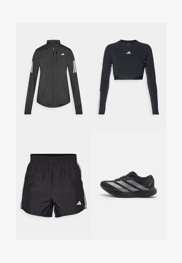 Sort atletisk jakke lavet af let materiale. Har en frontlynlås, høj krave og tre hvide striber på hver ærme.; Sort cropped træningstop med lange ærmer lavet af glat stof. Har et hvidt logo på brystet og stribede detaljer på ærmerne.; Sort atletiske shorts med elastisk talje, sideslids og hvide tre-stribes detaljer. Har et lille hvidt logo nederst til højre.; Sort løbesko med sølvstriber, tyk polstret sål mærket "Lightstrike Pro," set fra siden på hvid baggrund.