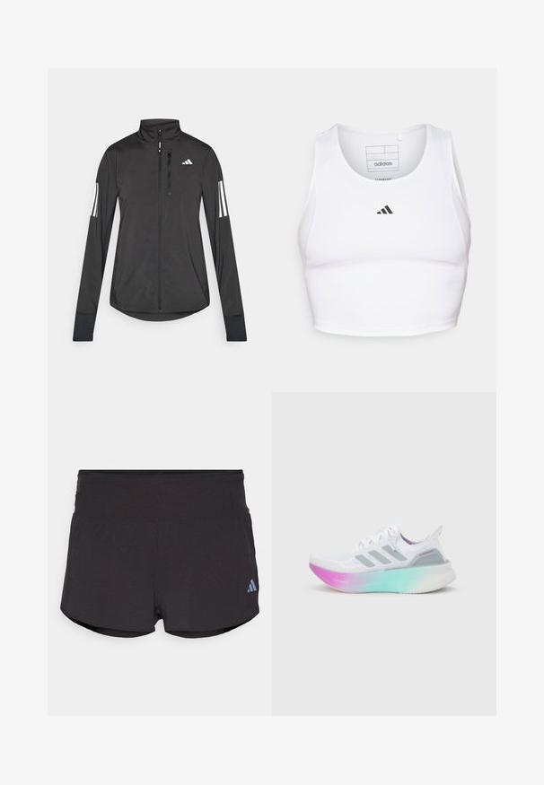 Čierna športová bunda vyrobená z ľahkého materiálu. Má zips vpredu, vysoký golier a tri biele pruhy na každom rukáve.; Biely športový crop top vyrobený z ľahkej, priedušnej tkaniny. Obsahuje sieťované bočné panely a čierne vyšitý logo na hrudi.; Čierne športové šortky s textúrovaným povrchom, so širokým pásom a svetlomodrým logom Adidas na dolnej ľavej strane.; Biela bežecká obuv Adidas so sivými pruhmi a hrubou podrážkou prechádzajúcou z ružovej do zelenej, obsahujúca nápisy "Lightboost" a "Ultraboost".