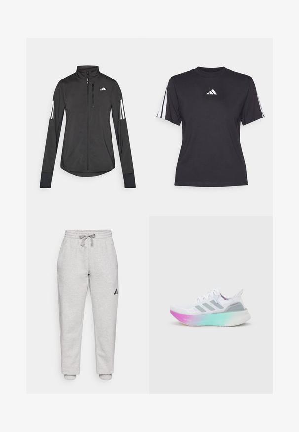 Chaqueta deportiva negra hecha de material ligero. Cuenta con una cremallera frontal, un cuello alto y tres franjas blancas en cada manga.; Camiseta atlética negra de tejido suave, con cuello redondo, mangas cortas y tres rayas blancas en cada hombro. Logo blanco en el pecho.; Pantalones de chándal gris claro con cintura elástica y cordón. Tobillos ajustados. Detalle de logo negro en la pierna izquierda. Material de algodón suave.; Zapatilla de running blanca de Adidas con rayas grises y una suela gruesa que cambia de color de rosa a verde, con texto "Lightboost" y "Ultraboost".