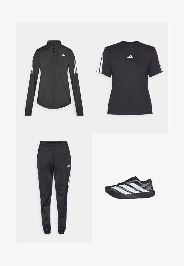 Veste de sport noire en matériau léger. Dotée d'une fermeture éclair sur le devant, d'un col haut et de trois rayures blanches sur chaque manche.; T-shirt de sport noir en tissu doux, avec un col rond, des manches courtes et trois rayures blanches sur chaque épaule. Logo blanc sur la poitrine.; Pantalons de sport noirs avec une taille élastique, des jambes effilées et des bandes latérales blanches. Présente un petit logo gris en forme de trèfle sur la cuisse gauche.; Chaussure de course noire et grise avec trois grandes bandes blanches sur le côté et une semelle épaisse noire portant l'inscription « Lightstrike Pro ».