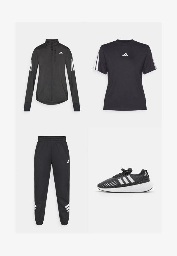 Sort atletisk jakke lavet af let materiale. Har en frontlynlås, høj krave og tre hvide striber på hver ærme.; Sort atletisk T-shirt lavet af blødt stof, med rund halsudskæring, korte ærmer og tre hvide striber på hver skulder. Hvidt logo på brystet.; Sorte sweatpants med elastisk talje, tapered ben og hvidt tre-stribedesign på siderne. Lavet af blødt stof.; Sorte sportssko med en struktureret overdel, hvidt tre-stribe-design, gummiydersål og kontrasterende hvide detaljer på hælen.