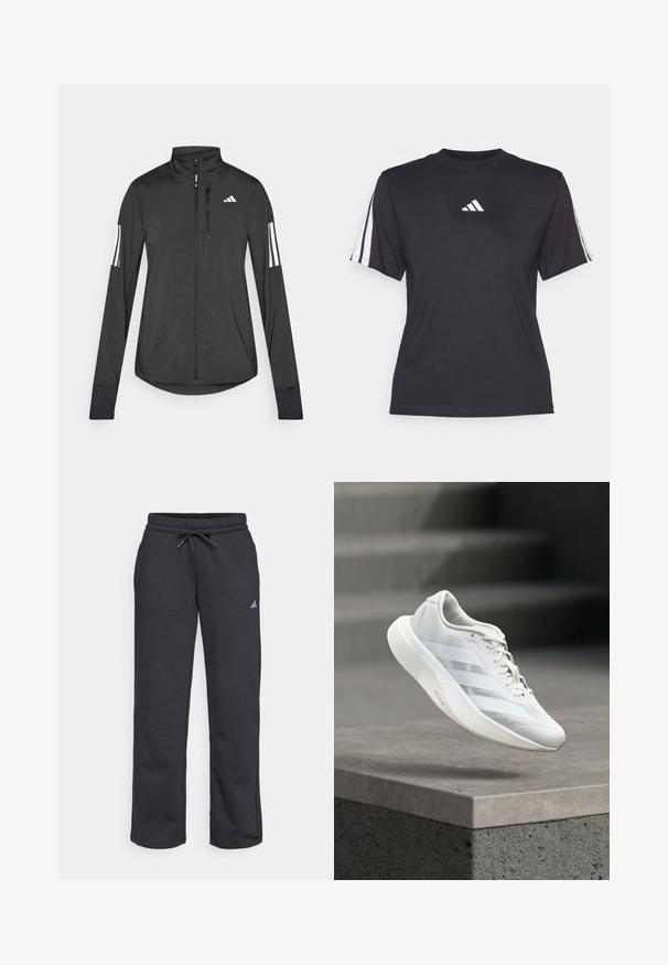 Sort atletisk jakke lavet af let materiale. Har en frontlynlås, høj krave og tre hvide striber på hver ærme.; Sort atletisk T-shirt lavet af blødt stof, med rund halsudskæring, korte ærmer og tre hvide striber på hver skulder. Hvidt logo på brystet.; Sorte joggingbukser af blødt stof med elastisk talje, snøre og en lille logo på venstre ben.; Hvid atletiksko med en struktureret overlæder, tre laterale striber, polstret sål og rundet tå, placeret over en betongulv.