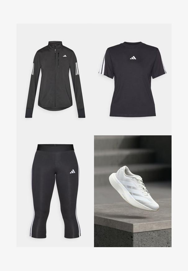 Sort atletisk jakke lavet af let materiale. Har en frontlynlås, høj krave og tre hvide striber på hver ærme.; Sort atletisk T-shirt lavet af blødt stof, med rund halsudskæring, korte ærmer og tre hvide striber på hver skulder. Hvidt logo på brystet.; Sorte capri leggings med en bred talje, udstyret med hvide sideløsninger og et hvidt Adidas-logo på venstre lår. Glat tekstur.; Hvid atletiksko med en struktureret overlæder, tre laterale striber, polstret sål og rundet tå, placeret over en betongulv.