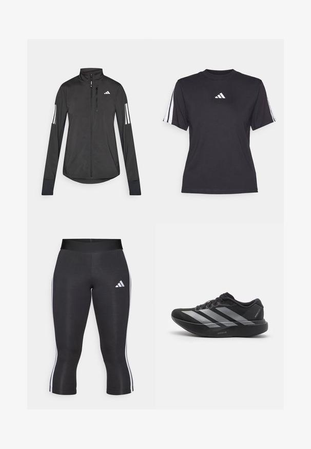 Sort atletisk jakke lavet af let materiale. Har en frontlynlås, høj krave og tre hvide striber på hver ærme.; Sort atletisk T-shirt lavet af blødt stof, med rund halsudskæring, korte ærmer og tre hvide striber på hver skulder. Hvidt logo på brystet.; Sorte capri leggings med en bred talje, udstyret med hvide sideløsninger og et hvidt Adidas-logo på venstre lår. Glat tekstur.; Sort løbesko med sølvstriber, tyk polstret sål mærket "Lightstrike Pro," set fra siden på hvid baggrund.