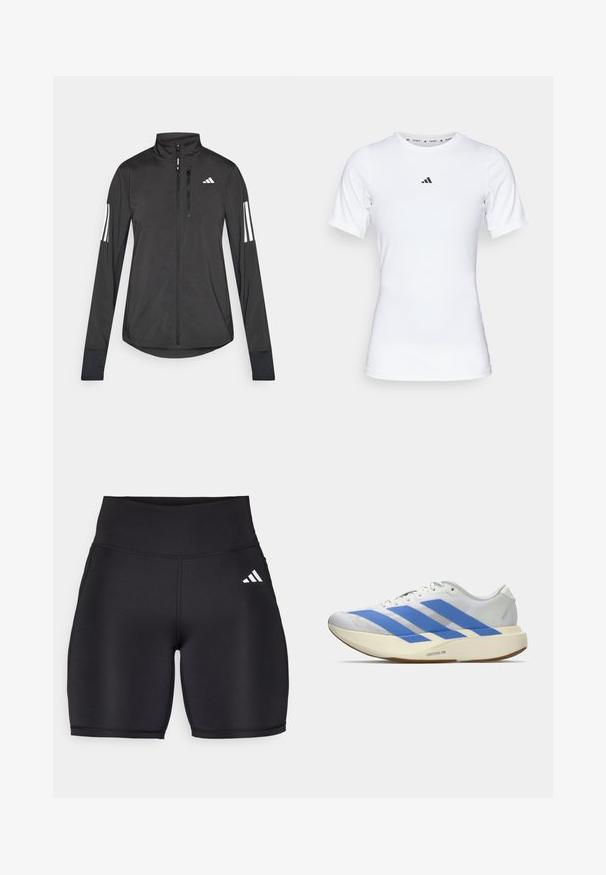 Sort atletisk jakke lavet af let materiale. Har en frontlynlås, høj krave og tre hvide striber på hver ærme.; Hvid atletisk skjorte med korte ærmer, lavet af glat, strækbart stof. Har et lille sort Adidas-logo på brystet.; Sorte atletiske shorts lavet af strækbart stof, med en høj talje, en glat tekstur og et hvidt tre-stribe logo på siden.; Hvid løbesko med tre blå striber, lys beige tyk sål mærket "Lightstrike Pro," og hvide snørebånd på en ensfarvet baggrund.