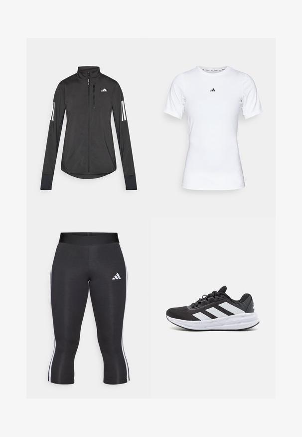 Chaqueta deportiva negra hecha de material ligero. Cuenta con una cremallera frontal, un cuello alto y tres franjas blancas en cada manga.; Camiseta deportiva blanca de manga corta, hecha de una tela suave y elástica. Presenta un pequeño logo negro de Adidas en el pecho.; Leggings capri negros con una cinturilla ancha, que cuentan con franjas laterales blancas y un logo de Adidas en blanco en el muslo izquierdo. Textura suave.; Zapatilla deportiva negra con un upper de tela texturizada, que presenta tres rayas blancas en el lateral, una entresuela blanca y una suela de goma.