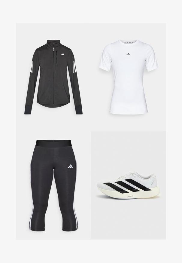 Schwarze Sportjacke aus leichtem Material. Mit einem Frontreißverschluss, hohem Kragen und drei weißen Streifen an jedem Ärmel.; Weißes Sportshirt mit kurzen Ärmeln, aus glattem, dehnbarem Stoff. Mit kleinem schwarzem Adidas-Logo auf der Brust.; Schwarze Capri-Leggings mit breitem Bund, versehen mit weißen seitlichen Streifen und einem weißen Adidas-Logo auf dem linken Oberschenkel. Glatte Textur.; Weißer Laufschuh mit schwarzem Drei-Streifen-Design an der Seite und dicker weißer Sohle mit der Aufschrift "Lightstrike Pro" auf einfarbigem Hintergrund.