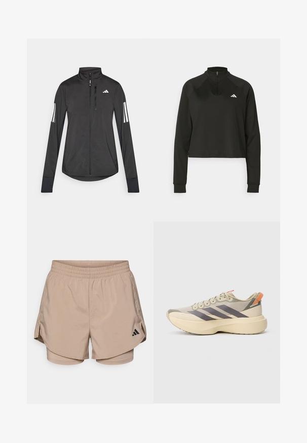 Veste de sport noire en matériau léger. Dotée d'une fermeture éclair sur le devant, d'un col haut et de trois rayures blanches sur chaque manche.; Pull-over noir à zip quart, en tissu lisse, avec des manches longues, présentant un col haut et un logo blanc sur la poitrine gauche.; Shorts de sport beiges avec une ceinture, comportant des fentes latérales et des shorts intérieurs. Logo Adidas noir en bas à gauche. Texture de tissu lisse.; Chaussure de sport beige clair avec des rayures grises, semelle épaisse crème, lacets à l'avant et languette orange au talon.