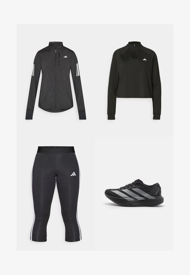Zwarte sportjack gemaakt van lichtgewicht materiaal. Voorzien van een ritssluiting aan de voorkant, hoge kraag en drie witte strepen op elke mouw.; Zwarte quarter-zip pullover van gladde stof met lange mouwen, voorzien van een hoge kraag en een wit logo op de linkerborst.; Zwarte capri leggings met een brede tailleband, voorzien van witte zijkanten en een wit Adidas logo op de linker dij. Glad textuur.; Zwarte hardloopschoen met zilveren strepen, dikke gedempte zool met het label "Lightstrike Pro," zijaanzicht op witte achtergrond.
