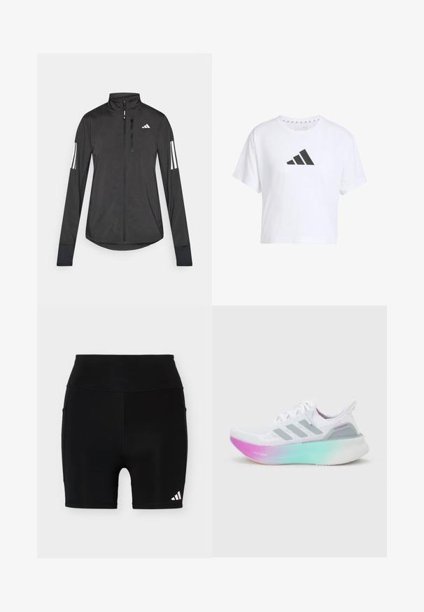 Veste de sport noire en matériau léger. Dotée d'une fermeture éclair sur le devant, d'un col haut et de trois rayures blanches sur chaque manche.; T-shirt blanche cropped en coton avec un logo noir à trois bandes sur le devant, présentant des manches courtes et un col rond.; Short de sport noir taille haute avec un petit logo Adidas blanc sur la partie inférieure gauche de la jambe et des poches latérales sur un fond uni.; Chaussure de course blanche Adidas avec semelle dégradée bleu clair et rose, trois bandes latérales grises et empeigne en tissu tricoté avec lacets.