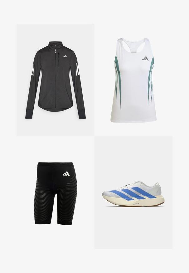 Veste de sport noire en matériau léger. Dotée d'une fermeture éclair sur le devant, d'un col haut et de trois rayures blanches sur chaque manche.; Débardeur de sport blanc avec des accents teal et un motif géométrique. Présente un dos nageur et un tissu léger et texturé.; Shorts de sport noirs avec un design texturé comprenant des rayures ondulées. Logo blanc sur la ceinture, fabriqués en matériau évacuant l'humidité.; Chaussure de course blanche avec trois bandes bleues, semelle épaisse beige clair marquée "Lightstrike Pro," et lacets blancs sur un fond uni.