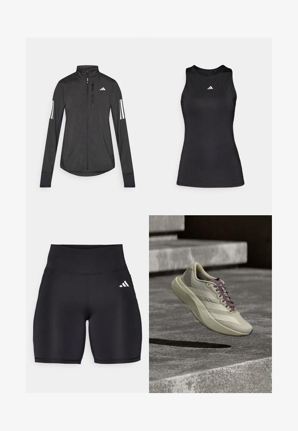 Veste de sport noire en matériau léger. Dotée d'une fermeture éclair sur le devant, d'un col haut et de trois rayures blanches sur chaque manche.; Débardeur de sport noir sans manches en tissu lisse. Il présente un col rond et un petit logo Adidas blanc sur la poitrine.; Shorts de sport noirs en tissu extensible, dotés d'une taille haute, d'une texture lisse et d'un logo à trois bandes blanches sur le côté.; Chaussure de sport beige avec dessus en mesh texturé, bandes blanches et accents violets. Design léger et bout arrondi pour des performances améliorées.