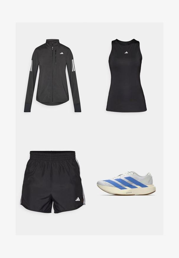 Schwarze Sportjacke aus leichtem Material. Mit einem Frontreißverschluss, hohem Kragen und drei weißen Streifen an jedem Ärmel.; Schwarzes ärmelloses Sportoberteil aus glattem Stoff. Verfügt über einen runden Halsauschnitt und ein kleines weißes Adidas-Logo auf der Brust.; Schwarze Sportshorts mit elastischem Bund, seitlichen Schlitzen und weißen drei Streifen Akzenten. Enthält ein kleines weißes Logo auf der unteren rechten Seite.; Weißer Laufschuh mit drei blauen Streifen, hellbeiger dicker Sohle mit der Aufschrift "Lightstrike Pro," und weißen Schnürsenkeln vor einfachem Hintergrund.
