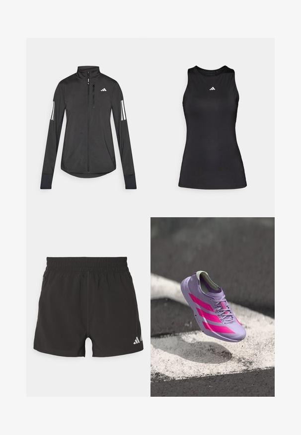 Sort atletisk jakke lavet af let materiale. Har en frontlynlås, høj krave og tre hvide striber på hver ærme.; Sort ærmeløs atletisk top lavet af glat stof. Har en rund halsudskæring og et lille hvidt Adidas-logo på brystet.; Sorte atletiske shorts lavet af letvægtsstof. Har en elastisk talje, sidelommer med lynlås og et reflekterende logo på kanten.; Lys lilla løbesko med pink striber og detaljer, der har et slankt design, tekstureret overdel og polstret krave. Flyder over en overflade.