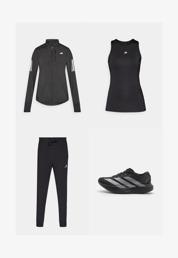 Chaqueta deportiva negra hecha de material ligero. Cuenta con una cremallera frontal, un cuello alto y tres franjas blancas en cada manga.; Top deportivo negro sin mangas hecho de una tela suave. Presenta un escote redondo y un pequeño logo blanco de Adidas en el pecho.; Pantalones deportivos negros hechos de una tela suave, con cintura elástica y cordón, piernas ajustadas y un pequeño logo blanco de Adidas en el muslo izquierdo.; Zapatilla de running negra con rayas plateadas, suela gruesa y acolchada etiquetada como "Lightstrike Pro", vista lateral sobre fondo blanco.