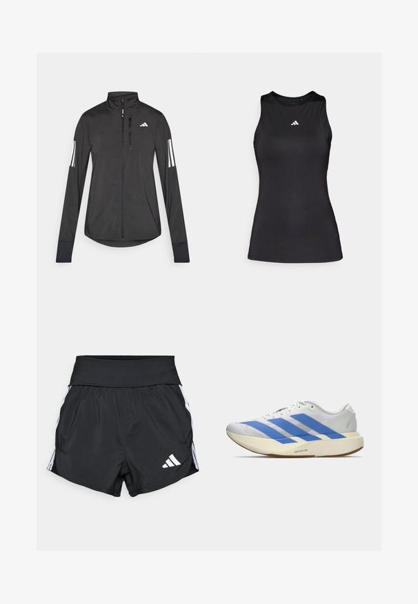 Sort atletisk jakke lavet af let materiale. Har en frontlynlås, høj krave og tre hvide striber på hver ærme.; Sort ærmeløs atletisk top lavet af glat stof. Har en rund halsudskæring og et lille hvidt Adidas-logo på brystet.; Sorte atletiske shorts lavet af letvægtsmateriale, med en bred talje, hvide sidelister og et lille hvidt logo nederst på sømmen.; Hvid løbesko med tre blå striber, lys beige tyk sål mærket "Lightstrike Pro," og hvide snørebånd på en ensfarvet baggrund.