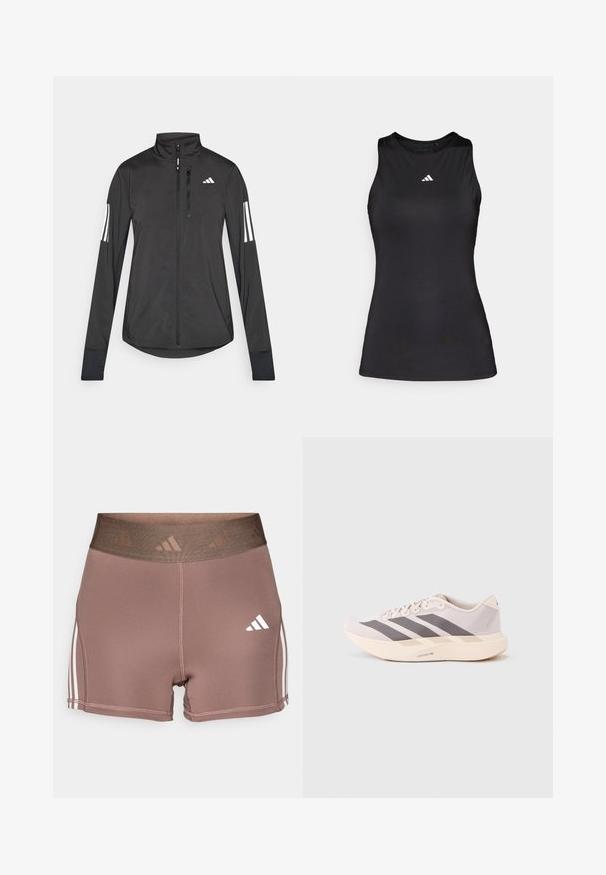 Sort atletisk jakke lavet af let materiale. Har en frontlynlås, høj krave og tre hvide striber på hver ærme.; Sort ærmeløs atletisk top lavet af glat stof. Har en rund halsudskæring og et lille hvidt Adidas-logo på brystet.; Brune træningsshorts med en bred, tekstureret talje. Har hvide tre-stribede accenter langs siderne og et lille hvidt logo.; Letvægts atletiksneakers i lyserød og grå, med en mesh-overdel, tre mørke striber og en tyk cremefarvet sål mærket "LIGHTSTRIKE PRO."