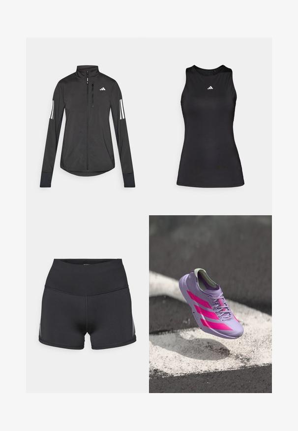 Sort atletisk jakke lavet af let materiale. Har en frontlynlås, høj krave og tre hvide striber på hver ærme.; Sort ærmeløs atletisk top lavet af glat stof. Har en rund halsudskæring og et lille hvidt Adidas-logo på brystet.; Sorte atletikshorts med højt taljebånd, lavet af strækstof. Har hvide sidelommer og flatlock-sømme for komfort.; Lys lilla løbesko med pink striber og detaljer, der har et slankt design, tekstureret overdel og polstret krave. Flyder over en overflade.