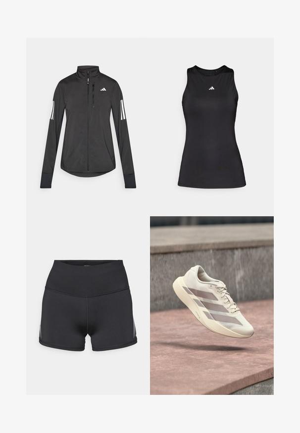 Sort atletisk jakke lavet af let materiale. Har en frontlynlås, høj krave og tre hvide striber på hver ærme.; Sort ærmeløs atletisk top lavet af glat stof. Har en rund halsudskæring og et lille hvidt Adidas-logo på brystet.; Sorte atletikshorts med højt taljebånd, lavet af strækstof. Har hvide sidelommer og flatlock-sømme for komfort.; Kremfarvet løbesko med taupe-striber, der svæver over en rødbrun flisebelagt overflade og en grå stenmurstensbaggrund.