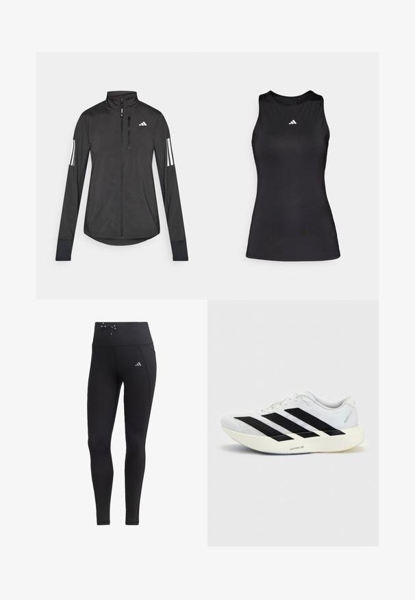 Veste de sport noire en matériau léger. Dotée d'une fermeture éclair sur le devant, d'un col haut et de trois rayures blanches sur chaque manche.; Débardeur de sport noir sans manches en tissu lisse. Il présente un col rond et un petit logo Adidas blanc sur la poitrine.; Leggings noirs avec taille haute, cordon de serrage et poches latérales. Fabriqués à partir d'un tissu lisse avec un accent de logo réfléchissant.; Chaussure de running blanche avec motif trois bandes noires sur le côté et semelle blanche épaisse étiquetée "Lightstrike Pro" sur fond uni.