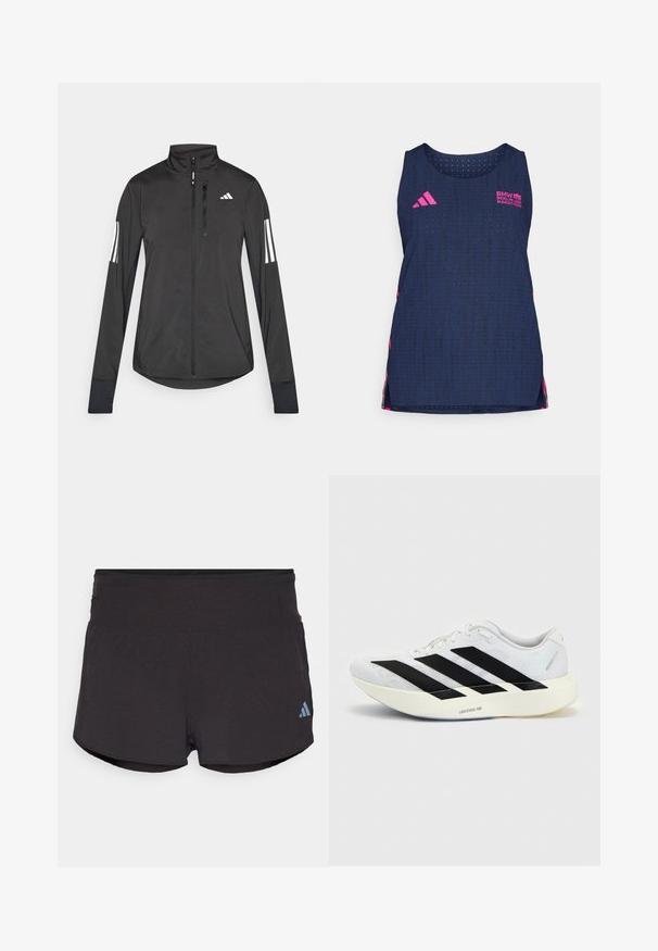 Čierna športová bunda vyrobená z ľahkého materiálu. Má zips vpredu, vysoký golier a tri biele pruhy na každom rukáve.; adidas Performance BER25 TANK - Top - collegiate navy; Čierne športové šortky s textúrovaným povrchom, so širokým pásom a svetlomodrým logom Adidas na dolnej ľavej strane.; Biela bežecká topánka s čiernym dizajnom so tromi pruhmi na boku a hrubou bielou podrážkou označenou "Lightstrike Pro" na jednofarebnom pozadí.