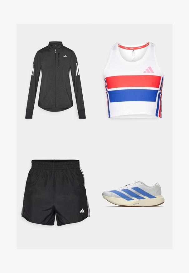 Zwarte sportjack gemaakt van lichtgewicht materiaal. Voorzien van een ritssluiting aan de voorkant, hoge kraag en drie witte strepen op elke mouw.; Korte atletische tanktop in het wit met rode en blauwe horizontale strepen. Voorzien van het roze adidas-logo, een ronde halslijn en een soepele stofstructuur.; Zwarte sportshorts met een elastische tailleband, zijsplitten en witte drievoudige strepenaccenten. Bevat een klein wit logo op de rechteronderkant.; Witte hardloopschoen met drie blauwe strepen, lichtbeige dikke zool met label "Lightstrike Pro," en witte veters op een effen achtergrond.