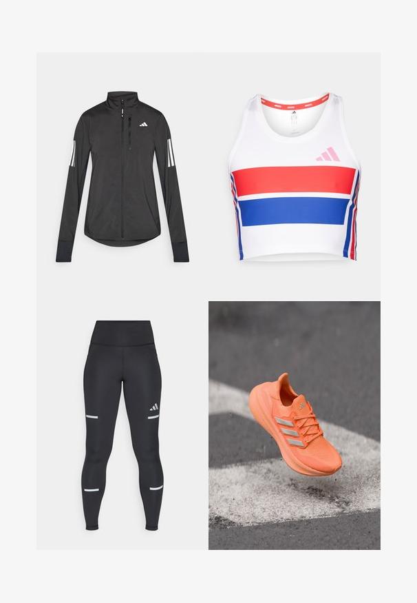Sort atletisk jakke lavet af let materiale. Har en frontlynlås, høj krave og tre hvide striber på hver ærme.; Kavet atletisk tanktop i hvid med røde og blå vandrette striber. Har pink adidas-logo, rund halsudskæring og glat stoftekstur.; Sorte leggings med høj talje, lavet af glat materiale. Har hvide reflekterende striber nær knæene og et Adidas-logo.; Lys orange sportssko med tekstureret overdel, reflekterende sølvstriber og polstret sål, svævende over en grå overflade.