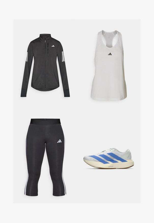 Schwarze Sportjacke aus leichtem Material. Mit einem Frontreißverschluss, hohem Kragen und drei weißen Streifen an jedem Ärmel.; Weißes Sport-Top aus leichtem Stoff mit Racerback-Design und kleinem schwarzem Logo auf der Brust.; Schwarze Capri-Leggings mit breitem Bund, versehen mit weißen seitlichen Streifen und einem weißen Adidas-Logo auf dem linken Oberschenkel. Glatte Textur.; Weißer Laufschuh mit drei blauen Streifen, hellbeiger dicker Sohle mit der Aufschrift "Lightstrike Pro," und weißen Schnürsenkeln vor einfachem Hintergrund.