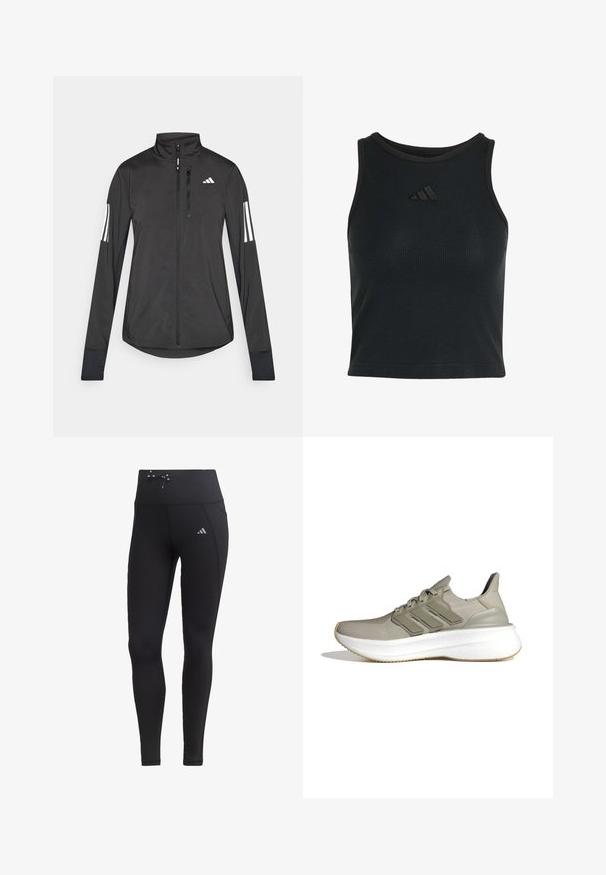 Zwarte sportjack gemaakt van lichtgewicht materiaal. Voorzien van een ritssluiting aan de voorkant, hoge kraag en drie witte strepen op elke mouw.; Zwart geribbeld mouwloos crop top met een hoge ronde hals en een klein zwart Adidas-logo in het midden van de borst.; Zwarte legging met hoge taille, koorddetail en zijzakken. Gemaakt van gladde stof met reflecterende logo-accent.; Lichtgrijze sportschoenen met een bovenwerk van mesh, drie horizontale strepen, een gepolsterde kraag en een witte gestructureerde tussenzool. Rubberen buitenzool.