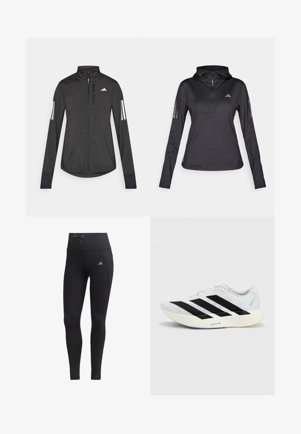 Veste de sport noire en matériau léger. Dotée d'une fermeture éclair sur le devant, d'un col haut et de trois rayures blanches sur chaque manche.; Haut de sport à manches longues noir avec fermeture éclair quart de longueur, tissu texturé, capuche ajustable et bandes réfléchissantes sur les manches. Comprend un logo sur la poitrine.; Leggings noirs avec taille haute, cordon de serrage et poches latérales. Fabriqués à partir d'un tissu lisse avec un accent de logo réfléchissant.; Chaussure de running blanche avec motif trois bandes noires sur le côté et semelle blanche épaisse étiquetée "Lightstrike Pro" sur fond uni.