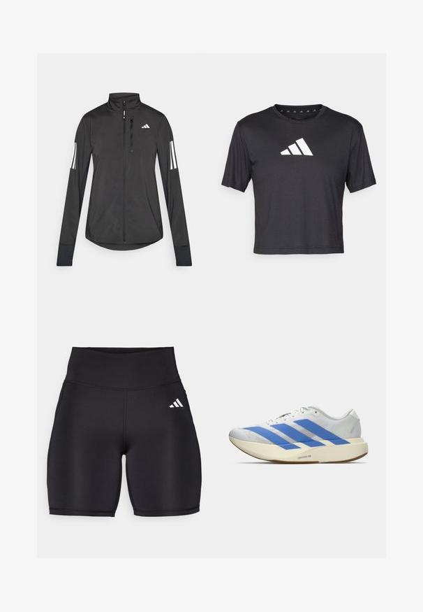 Schwarze Sportjacke aus leichtem Material. Mit einem Frontreißverschluss, hohem Kragen und drei weißen Streifen an jedem Ärmel.; Schwarzes kurz geschnittenes T-Shirt aus glattem Material, mit einem weißen Adidas-Logo auf der Brust, runder Ausschnitt und kurzen Ärmeln.; Schwarze Sportshorts aus elastischem Material, mit hohem Bund, glatter Textur und einem weißen Dreistreifen-Logo an der Seite.; Weißer Laufschuh mit drei blauen Streifen, hellbeiger dicker Sohle mit der Aufschrift "Lightstrike Pro," und weißen Schnürsenkeln vor einfachem Hintergrund.