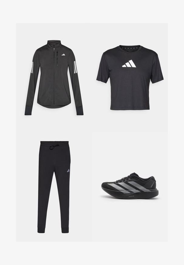 Veste de sport noire en matériau léger. Dotée d'une fermeture éclair sur le devant, d'un col haut et de trois rayures blanches sur chaque manche.; T-shirt noir court en tissu lisse, avec un logo Adidas blanc sur la poitrine, un col rond et des manches courtes.; Pantalons de sport noirs en tissu doux, avec une taille à cordon, des jambes fuselées et un petit logo Adidas blanc sur la cuisse gauche.; Chaussure de course noire avec des rayures argentées, semelle épaisse rembourrée étiquetée "Lightstrike Pro," vue de côté sur fond blanc.