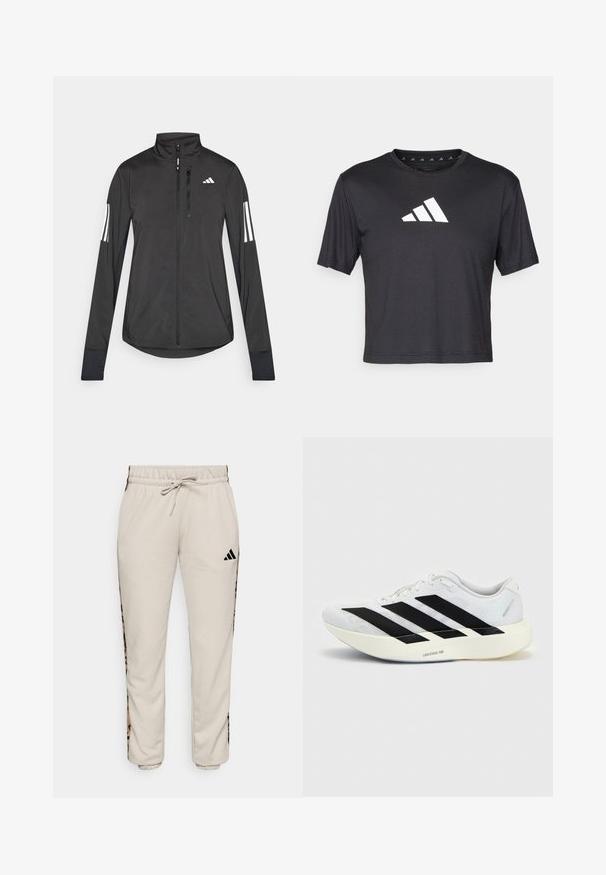 Chaqueta deportiva negra hecha de material ligero. Cuenta con una cremallera frontal, un cuello alto y tres franjas blancas en cada manga.; Camiseta negra cropped de tejido suave, presenta un logo blanco de Adidas en el pecho, cuello redondo y mangas cortas.; Pantalones de chándal color beige claro, confeccionados en un tejido suave, con una cintura ajustable con cordón y paneles laterales negros con un patrón de estampado de leopardo.; Zapatilla de running blanca con diseño negro de tres franjas en el lateral y suela blanca gruesa con la etiqueta "Lightstrike Pro" sobre fondo liso.