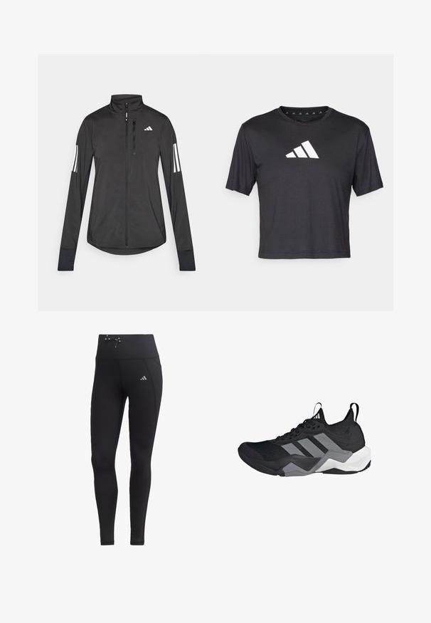 Veste de sport noire en matériau léger. Dotée d'une fermeture éclair sur le devant, d'un col haut et de trois rayures blanches sur chaque manche.; T-shirt noir court en tissu lisse, avec un logo Adidas blanc sur la poitrine, un col rond et des manches courtes.; Leggings noirs avec taille haute, cordon de serrage et poches latérales. Fabriqués à partir d'un tissu lisse avec un accent de logo réfléchissant.; Chaussure de sport noire avec une tige en maille respirante, des accents gris, une semelle texturée et trois rayures distinctives sur le côté.