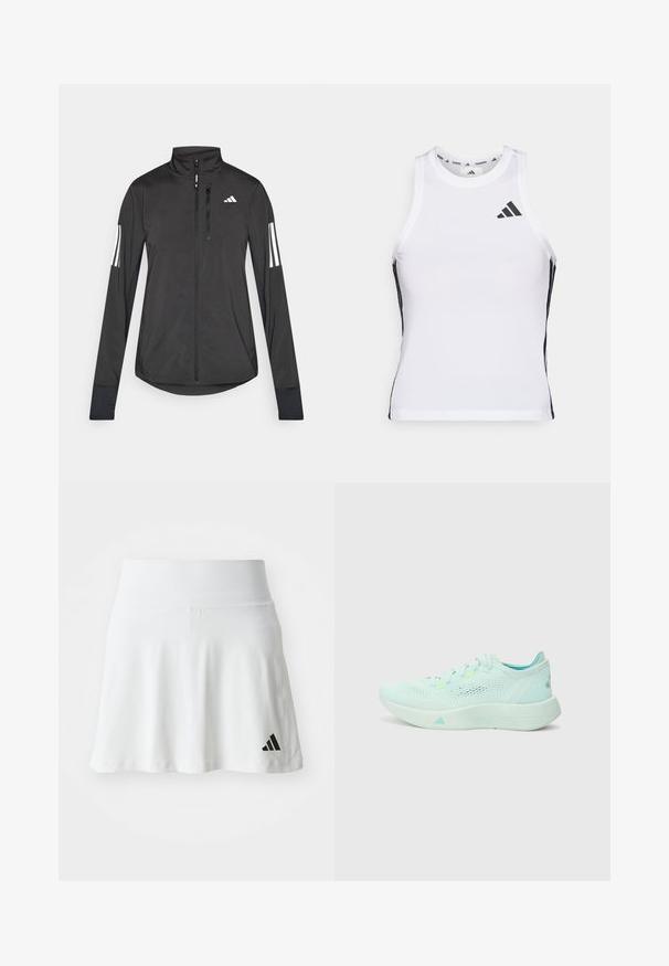 Sort atletisk jakke lavet af let materiale. Har en frontlynlås, høj krave og tre hvide striber på hver ærme.; Hvid athletic tanktop med sorte sideaccentuer og logo. Har en scoop-neckline og tætsiddende design, lavet af letvægts, åndbart materiale.; Hvid atletisk nederdel med en blød tekstur, udvidet design og sort Adidas-logoaccent nederst til venstre. Glat, elastisk taljebånd.; Lyseblå løbesko med en mesh-overdel, struktureret sål og polstret krave. Har neonlysende detaljer og et strømlinet design.