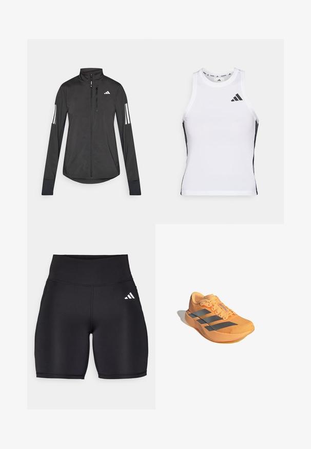 Sort atletisk jakke lavet af let materiale. Har en frontlynlås, høj krave og tre hvide striber på hver ærme.; Hvid athletic tanktop med sorte sideaccentuer og logo. Har en scoop-neckline og tætsiddende design, lavet af letvægts, åndbart materiale.; Sorte atletiske shorts lavet af strækbart stof, med en høj talje, en glat tekstur og et hvidt tre-stribe logo på siden.; Adizero løbesko i lys orange med et struktureret overdel, tre grå striber og en let sål for forbedret ydeevne.