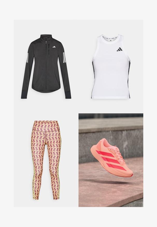 Veste de sport noire en matériau léger. Dotée d'une fermeture éclair sur le devant, d'un col haut et de trois rayures blanches sur chaque manche.; Débardeur de sport blanc avec des accents latéraux noirs et un logo. Il présente une encolure arrondie et un design ajusté, fabriqué en matériau léger et respirant.; Leggings avec un motif de formes jaunes sur un fond bordeaux, avec des bandes latérales vertes et une taille haute.; Chaussure de sport corail clair avec des rayures rouges vives et des lacets flottant au-dessus de marches en pierre dans un cadre extérieur.