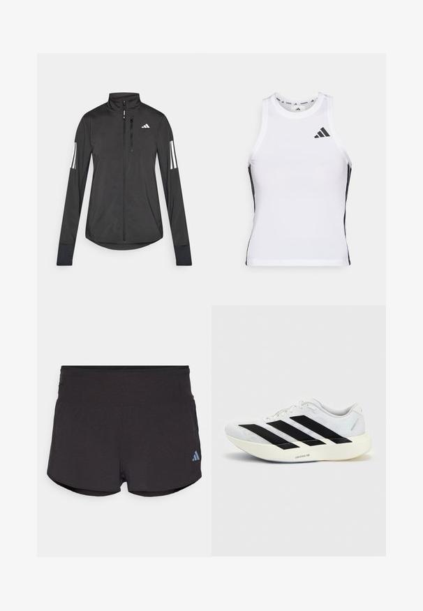 Schwarze Sportjacke aus leichtem Material. Mit einem Frontreißverschluss, hohem Kragen und drei weißen Streifen an jedem Ärmel.; Weißes sportliches Tanktop mit schwarzen Seitenakzenten und Logo. Verfügt über einen rund ausgeschnittenen Halsausschnitt und eine figurbetonte Passform, hergestellt aus leichtem, atmungsaktivem Material.; Schwarze Sportshorts mit strukturierter Oberfläche, ausgestattet mit einem breiten Bund und einem Adidas-Logo in Hellblau am unteren linken Rand.; Weißer Laufschuh mit schwarzem Drei-Streifen-Design an der Seite und dicker weißer Sohle mit der Aufschrift "Lightstrike Pro" auf einfarbigem Hintergrund.