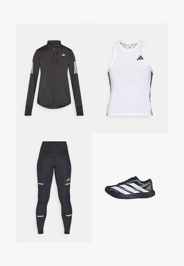 Sort atletisk jakke lavet af let materiale. Har en frontlynlås, høj krave og tre hvide striber på hver ærme.; Hvid athletic tanktop med sorte sideaccentuer og logo. Har en scoop-neckline og tætsiddende design, lavet af letvægts, åndbart materiale.; Sorte leggings med høj talje, lavet af glat materiale. Har hvide reflekterende striber nær knæene og et Adidas-logo.; Sort og grå løbesko med tre store hvide striber på siden og tyk sort sål mærket "Lightstrike Pro."