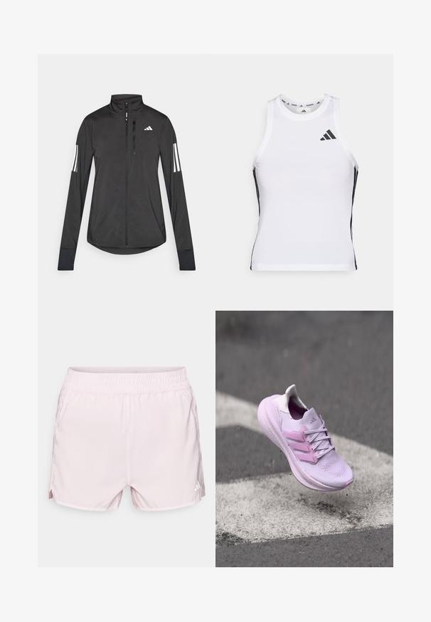Veste de sport noire en matériau léger. Dotée d'une fermeture éclair sur le devant, d'un col haut et de trois rayures blanches sur chaque manche.; Débardeur de sport blanc avec des accents latéraux noirs et un logo. Il présente une encolure arrondie et un design ajusté, fabriqué en matériau léger et respirant.; Shorts de sport roses avec une taille élastique, tissu léger, fentes latérales et un petit logo blanc en bas à droite.; Chaussure de sport violet clair avec tige en mesh, accents roses et lacets blancs, dotée d'une semelle rembourrée. En suspension au-dessus d'une surface peinte.
