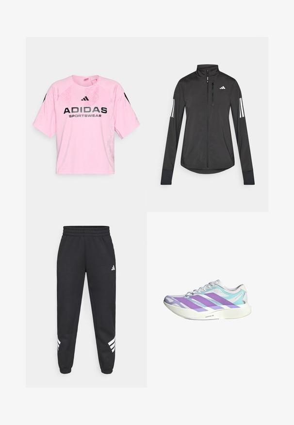Chaqueta deportiva negra hecha de material ligero. Cuenta con una cremallera frontal, un cuello alto y tres franjas blancas en cada manga.; Camiseta deportiva de manga corta en color rosa, fabricada con tejido transpirable, que presenta "ADIDAS SPORTSWEAR" en un texto negro en contraste y un patrón texturizado.; Pantalones de chándal negros con cintura elástica, piernas ajustadas y diseño de tres rayas blancas a los lados. Hechos de una tela suave.; Zapatilla deportiva blanca con rayas moradas y detalles en azul claro, suela blanca gruesa con la etiqueta "Lightstrike Pro" y diseño con cordones.