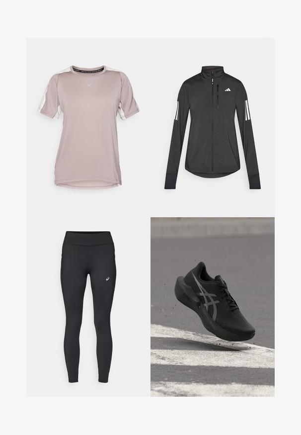 Čierna športová bunda vyrobená z ľahkého materiálu. Má zips vpredu, vysoký golier a tri biele pruhy na každom rukáve.; ASICS FUJITRAIL ELITE TOP - Športové tričko - rainstorm grey/cream; ASICS CORE WINTER - Zimné legíny - performance black; Čierna bežecká obuv s bielym logom vo vzduchu nad asfaltom s bielym cestným značením a drobnými nečistotami pod ňou.