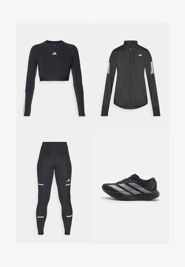 Sort atletisk jakke lavet af let materiale. Har en frontlynlås, høj krave og tre hvide striber på hver ærme.; Sort cropped træningstop med lange ærmer lavet af glat stof. Har et hvidt logo på brystet og stribede detaljer på ærmerne.; Sorte leggings med høj talje, lavet af glat materiale. Har hvide reflekterende striber nær knæene og et Adidas-logo.; Sort løbesko med sølvstriber, tyk polstret sål mærket "Lightstrike Pro," set fra siden på hvid baggrund.