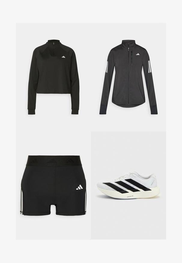 Veste de sport noire en matériau léger. Dotée d'une fermeture éclair sur le devant, d'un col haut et de trois rayures blanches sur chaque manche.; Pull-over noir à zip quart, en tissu lisse, avec des manches longues, présentant un col haut et un logo blanc sur la poitrine gauche.; Shorts de sport noirs en matière extensible. Présentent une large ceinture noire avec un logo embossé et des rayures blanches sur les côtés.; Chaussure de running blanche avec motif trois bandes noires sur le côté et semelle blanche épaisse étiquetée "Lightstrike Pro" sur fond uni.