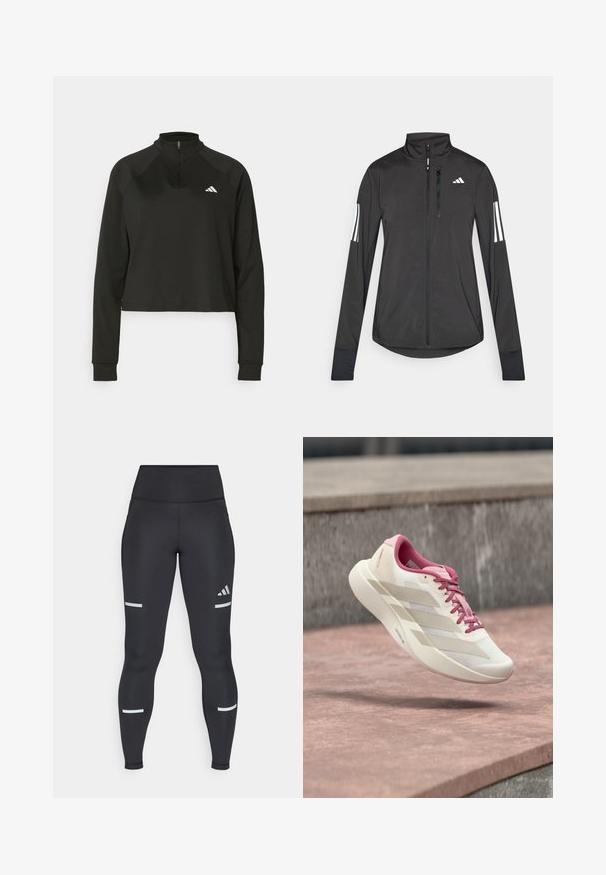 Veste de sport noire en matériau léger. Dotée d'une fermeture éclair sur le devant, d'un col haut et de trois rayures blanches sur chaque manche.; Pull-over noir à zip quart, en tissu lisse, avec des manches longues, présentant un col haut et un logo blanc sur la poitrine gauche.; Leggings noirs avec une taille haute, fabriqués dans un matériau lisse. Présentent des bandes réfléchissantes blanches près des genoux et un logo Adidas.; Chaussure de course beige clair et rose avec semelle coussinée, lacets roses et trois rayures beiges flottant au-dessus d'une surface en pierre.