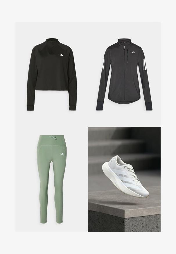 Chaqueta deportiva negra hecha de material ligero. Cuenta con una cremallera frontal, un cuello alto y tres franjas blancas en cada manga.; Sudadera negra de media cremallera hecha de tela suave, con mangas largas, que cuenta con un cuello alto y un logo blanco en el lado izquierdo del pecho.; Leggings verdes elásticos con una cinturilla alta, que cuentan con un detalle de lazo decorativo y un pequeño logo blanco en el lado izquierdo.; Zapato deportivo blanco con parte superior texturizada, tres rayas laterales, suela acolchada y puntera redondeada, posicionado sobre una superficie de hormigón.